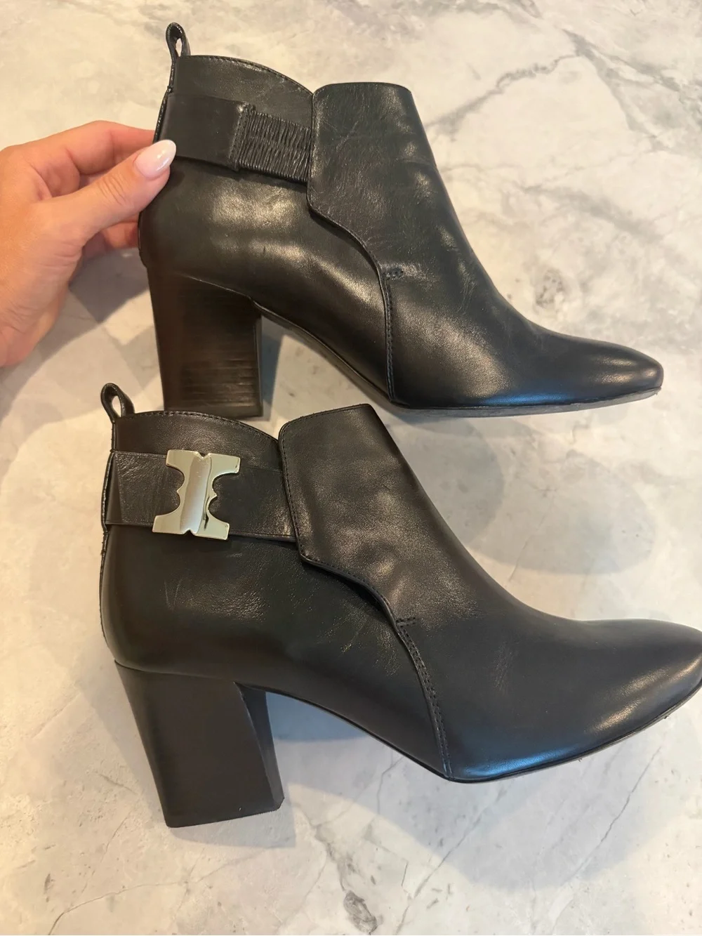 Tory Burch Black Leather Ankle Strap Logo Bootie silver hardware size 7